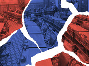Editorial collage of legislative chamber photos tinted red and blue, torn apart to suggest political division.