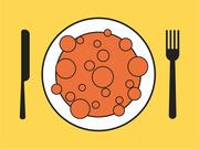 Editorial illustration of a plate of food with circular bubble shapes flanked by a knife and fork on a yellow background.