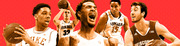 Illustrated collage of five college basketball players in orange-tinted style on a red background, featuring Duke, Gonzaga, Virginia, and Wisconsin jerseys.