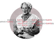 Editorial illustration showing a Mrs. Doubtfire-style character overlaid on census data with repeating Survey Says text in red and gray.