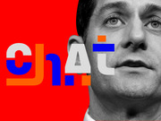 Editorial illustration combining a black-and-white close-up photo of a politician with bold red, orange, blue, and white graphic typography spelling out a word.