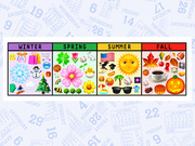Four-panel seasonal emoji grid showing Winter, Spring, Summer, and Fall categories with themed emoji icons on a calendar-patterned background.