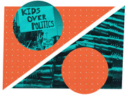 Editorial illustration combining protest signs reading Kids Over Politics and Ballots Not Bullets with an image of bullets, styled in teal and orange.