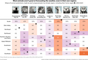 Color-coded table showing the share of correct weather predictions made by nine animal prognosticators across nine US climate regions from 2012 to 2021, with home regions marked by house icons.