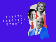 Editorial illustration for a Senate Election Update feature showing three political candidates overlaid on a Mississippi state silhouette against a purple background.