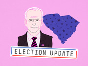 Editorial illustration of a caricature of Joe Biden in front of a South Carolina state silhouette with an Election Update banner.