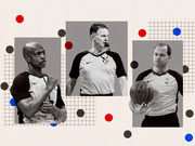Editorial collage illustration of three NBA referees in black and white photos arranged against a beige background with colorful dots and grid patterns.