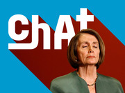 Editorial illustration showing a woman with eyes closed against a blue and red geometric background with the word Chat+ in large white letters.