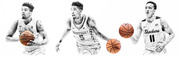 Stylized black-and-white editorial illustration of three college basketball players with color basketballs, wearing Cincinnati, Kentucky, and Wichita State uniforms.