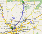 Driving route map from Blairsville area (point A) to Atlanta/Marietta area (point B) in northern Georgia, showing highways and towns.