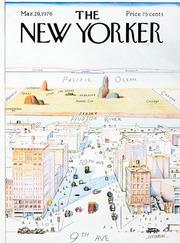 Saul Steinberg's famous New Yorker cover from March 29, 1976 showing a New Yorker's view of the world, with Manhattan in detail and the rest of the US as a distant, sparse landscape.