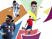 Editorial collage illustration featuring four international soccer players in their national team kits against colorful geometric background shapes.