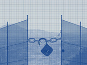 Blue-tinted editorial illustration of a chain-link fence gate secured with a padlock and chain, with mountains visible in the background, overlaid with a grid pattern.
