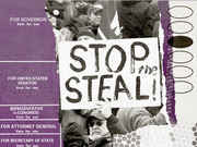 Editorial collage combining a black-and-white photo of a man holding a Stop the Steal sign with a purple ballot form and decorative graphic elements.