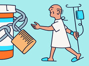 Editorial cartoon of a hospital patient in a gown pushing an IV drip pole and reaching toward a chained and padlocked pill bottle, symbolizing restricted drug access.