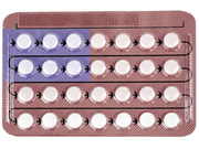 Editorial illustration of a birth control pill blister pack styled to resemble the American flag, with blue and red sections and arrow indicators.