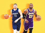 Editorial illustration of two NBA players in Mavericks number 77 and Lakers number 23 jerseys dribbling basketballs on a yellow background.