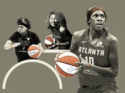 Editorial collage of three WNBA players from Indiana Fever, Washington, and Atlanta Dream holding basketballs against a grid background with a basketball arc graphic.