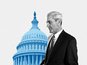 Editorial illustration showing a black-and-white figure of Robert Mueller in a suit against a blue-tinted U.S. Capitol building backdrop.