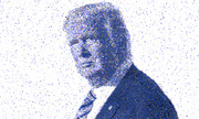 Mosaic portrait of a person in profile composed of thousands of tiny colorful image tiles on a white background.