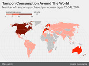 Choropleth world map showing tampon consumption per woman ages 12-54 by country in 2014, with darker red indicating higher usage up to 100 tampons per woman.