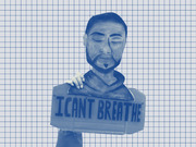 Blue-toned editorial illustration of a person holding a cardboard sign reading 'I Can't Breathe' against a grid-paper background.