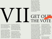 Editorial illustration from FiveThirtyEight featuring large Roman numeral VII and the text GET OUT THE VOTE with an orange brushstroke accent, accompanied by article body text.