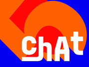 Bold graphic design with orange and red abstract shapes on a blue background with the word ChAt in large white letters.
