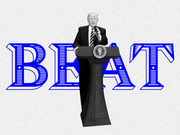 Editorial illustration showing a figure at a presidential podium overlaid with large blue decorative letters spelling BEAT on a grey background.