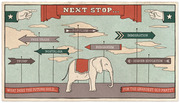Vintage-style editorial illustration of a Republican elephant surrounded by directional signs labeled Populism, Immigration, Free Trade, Nostalgia, Reaganism, Trump, and Higher Education, asking what the future holds for the GOP.