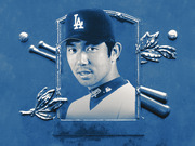 Editorial illustration of a Los Angeles Dodgers baseball player rendered in blue tones, framed by decorative crossed bats, baseballs, and laurel leaves in a trophy-plaque style.
