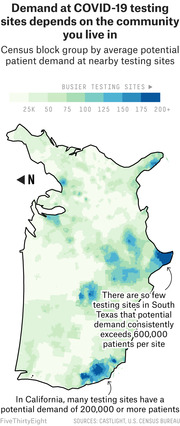 Choropleth map showing COVID-19 testing site demand by census block group in the western US, highlighting high demand in South Texas and California.