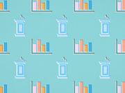 Repeating pattern of illustrated debate podiums with microphones and colorful bar chart icons on a teal background.