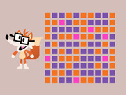 A cartoon fox mascot with glasses stands next to a large grid of orange and purple squares with a few pink squares scattered throughout, likely representing a data proportion.