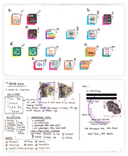 Dear Data postcard hand-drawn infographic tracking a week of podcast listening, with illustrated podcast logos, subscription status, mood symbols, and genre legend.