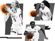 Editorial collage of three women's college basketball players from UConn, Stanford, and Maryland in black-and-white with orange-glowing basketballs.