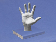 Editorial illustration of a grainy white hand rising out of a closed blue book against a blue background.