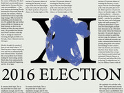 Editorial illustration showing a large letter X marked with a blue brushstroke over bold text reading 2016 ELECTION, surrounded by article text about FiveThirtyEight election forecasts.