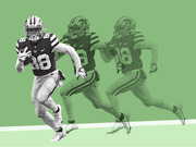 Editorial illustration showing a Kansas State football player number 88 running with the ball, depicted three times in a motion-sequence style against a green background.