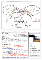 Hand-drawn Dear Data postcard showing a Waterman Butterfly world map with colored lines connecting podcast subject locations to recording locations and the sender, with legend and diversity score graphs.