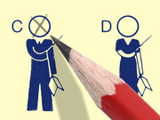 Editorial illustration showing a pencil tip pointing at two multiple-choice options C and D, with option C crossed out and option D circled, represented by blue stick figures.