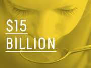 Yellow-tinted editorial graphic showing a person eating from a spoon with large text reading $15 Billion, likely referencing a food or supplement industry figure.