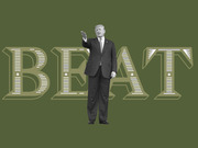 Editorial illustration showing a black-and-white cutout of Donald Trump standing in front of large decorative letters spelling BEAT on a olive-green background.