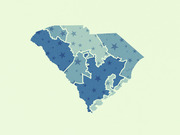 Stylized illustration of South Carolina divided into congressional districts, shaded in varying blues with star patterns, on a light green background.