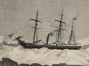 Vintage engraving-style illustration of a large sailing ship with multiple masts navigating rough seas, with smoke rising from a steam funnel.