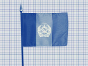 Blue-tinted editorial illustration of the Afghan flag on a pole against a grid background.