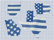 Editorial illustration showing US state outlines filled with an American flag pattern in blue and white on a grid background.