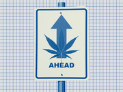 Editorial illustration of a road sign featuring a cannabis leaf and upward arrow with the word AHEAD, set against a grid background in blue tones.