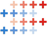 Grid of plus-sign cross icons in varying shades of blue and red arranged in four rows on a white background.