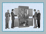 Collage-style editorial illustration showing four men in vintage suits examining an early computer or mechanical computing machine, set against a blue grid background.